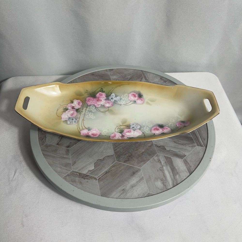 RS Germany Hand Painted Porcelain Floral Tray Dish Roses Pink Vintage Antique